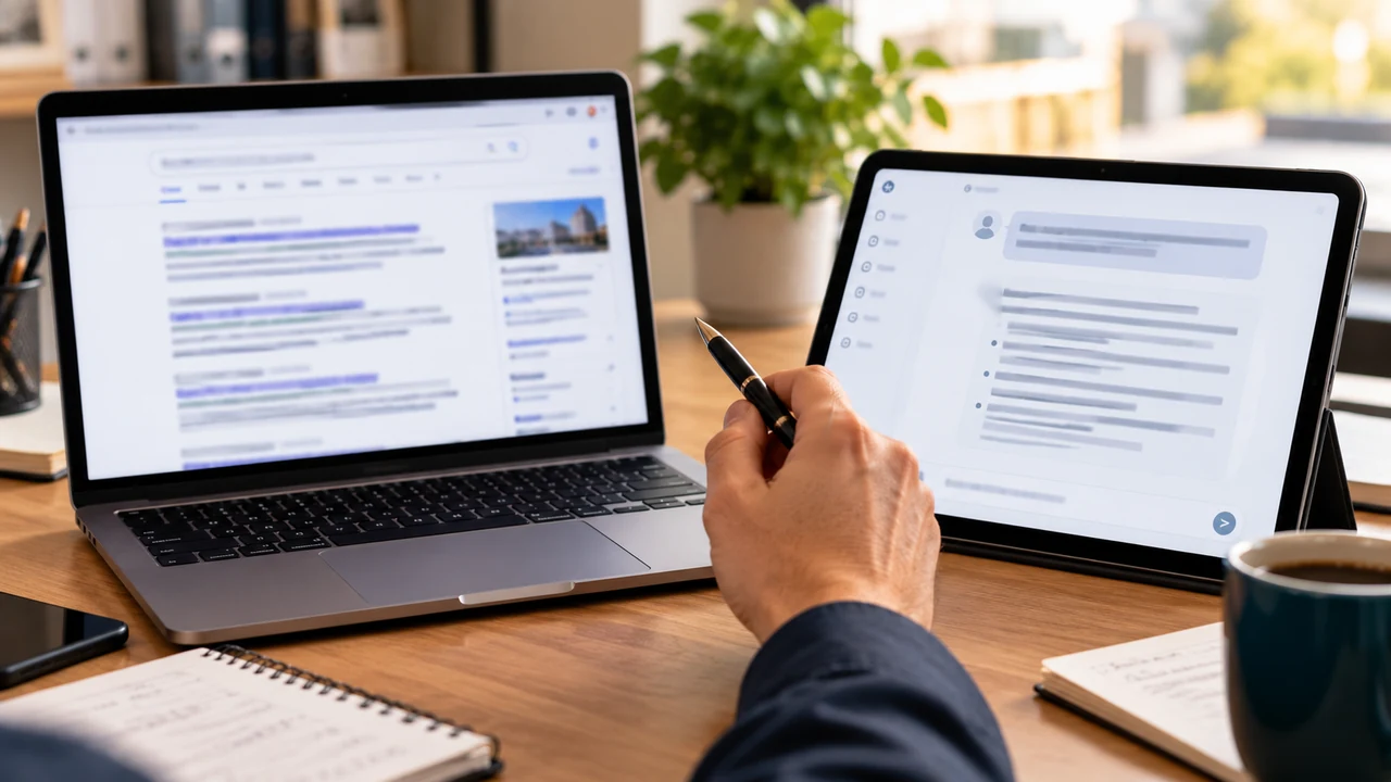 Comparação entre a busca do Google e as respostas de um assistente de IA