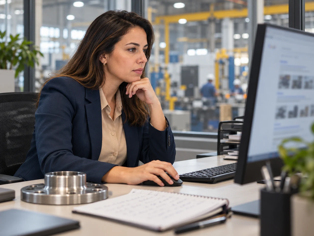 Comprador de uma empresa pesquisando fornecedores industriais no computador