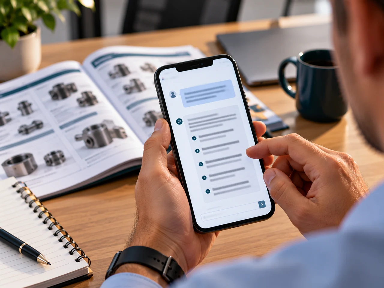 Comprador pedindo indicação de fornecedor a um assistente de IA no celular