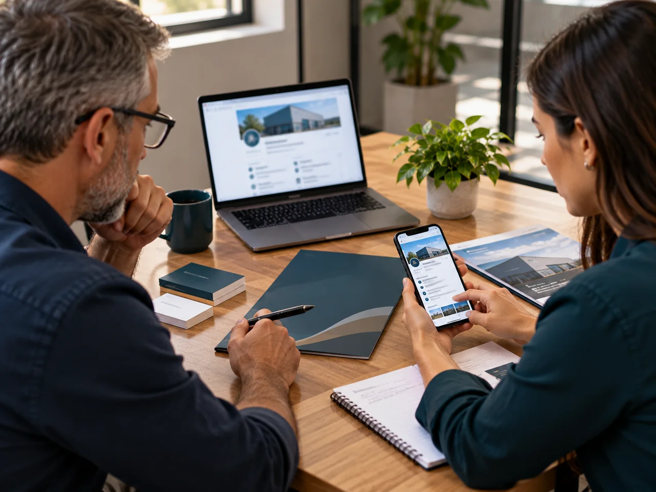 Equipe revisando as informações oficiais da marca da empresa