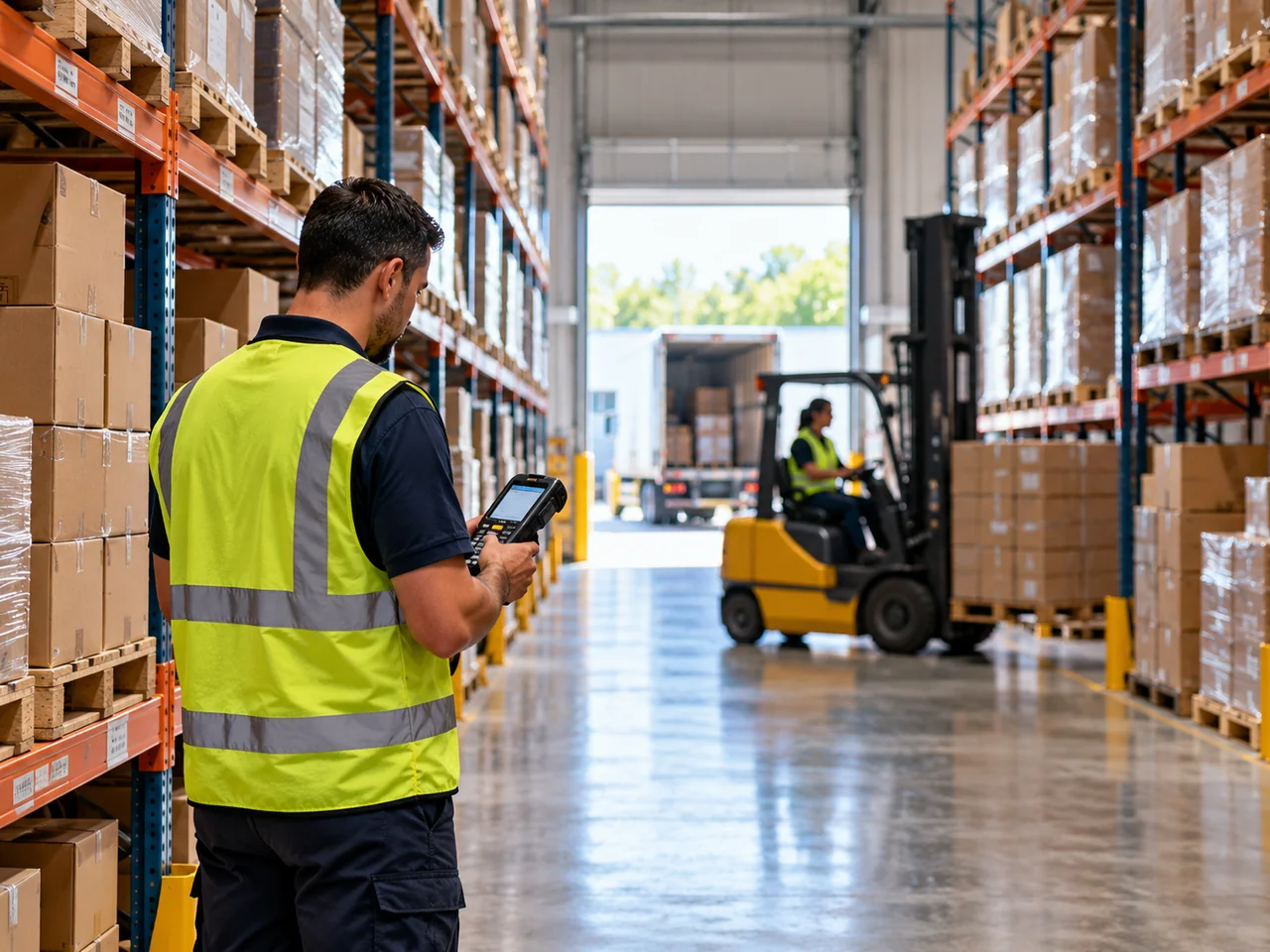 Centro de distribuição com prateleiras de produtos
