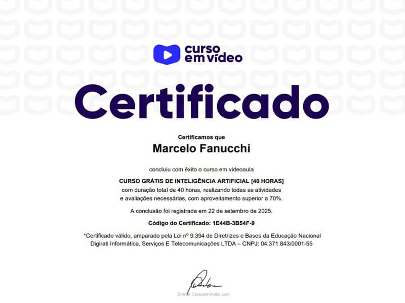 Certificado de conclusão: Curso Grátis de Inteligência Artificial [40 Horas]