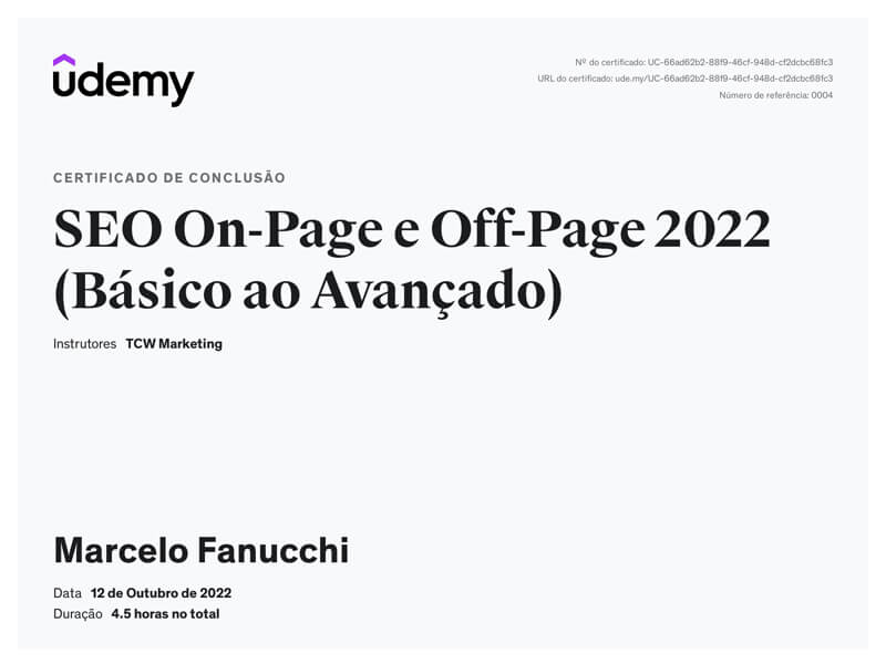 Certificado SEO On-Page e Off-Page 2022